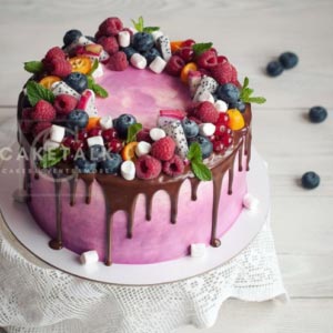 Fresh Fruits Cake | Pink marshmallow and fruit cake for your anniversary in dubai