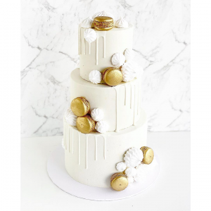 Three Tier White N’ Gold Cake