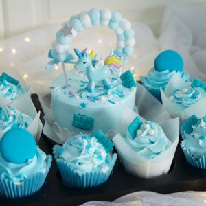 Blue Unicorn Cake with Cupcakes